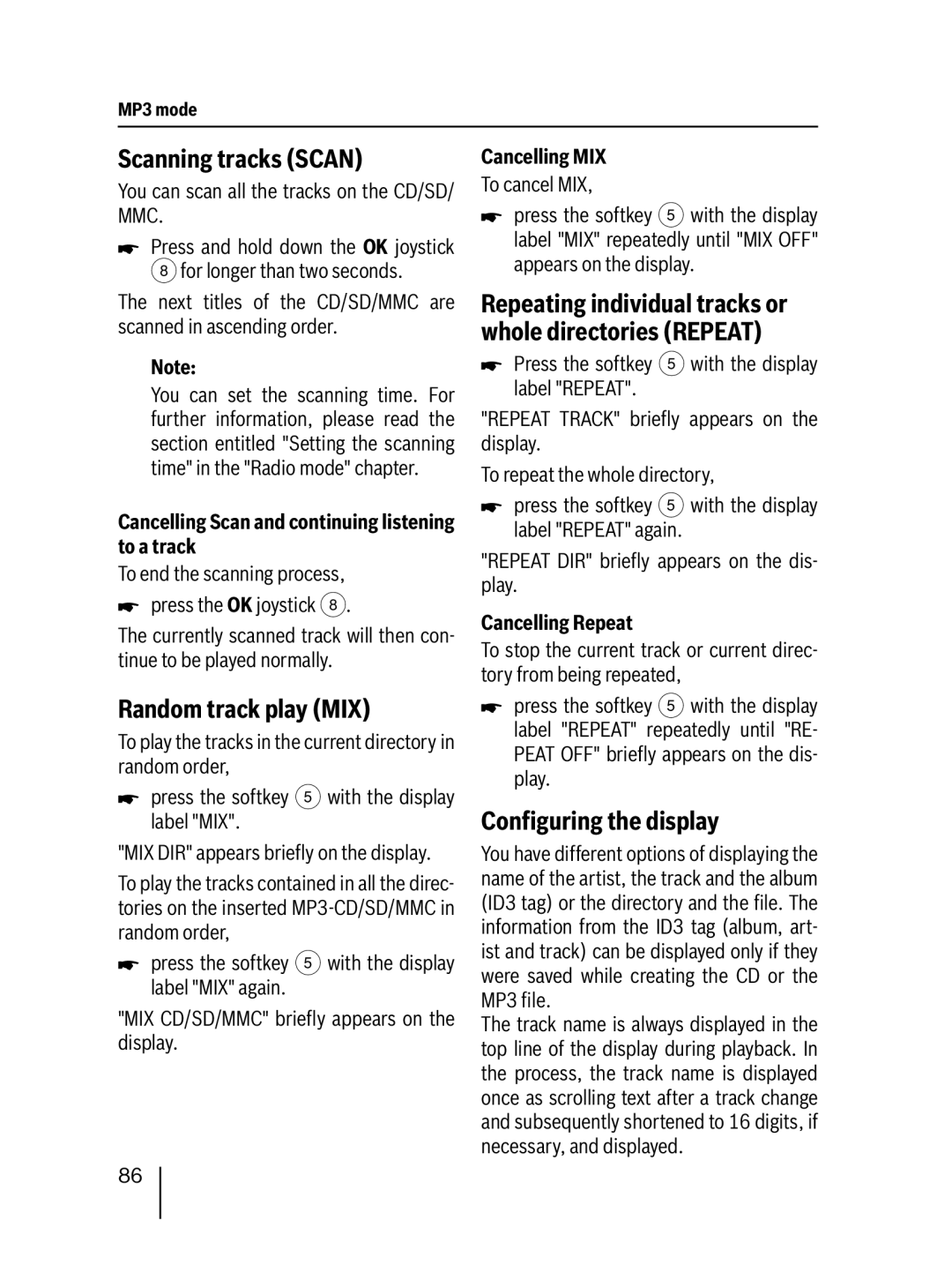 Blaupunkt MP76 operating instructions Conﬁguring the display, Cancelling Scan and continuing listening to a track 