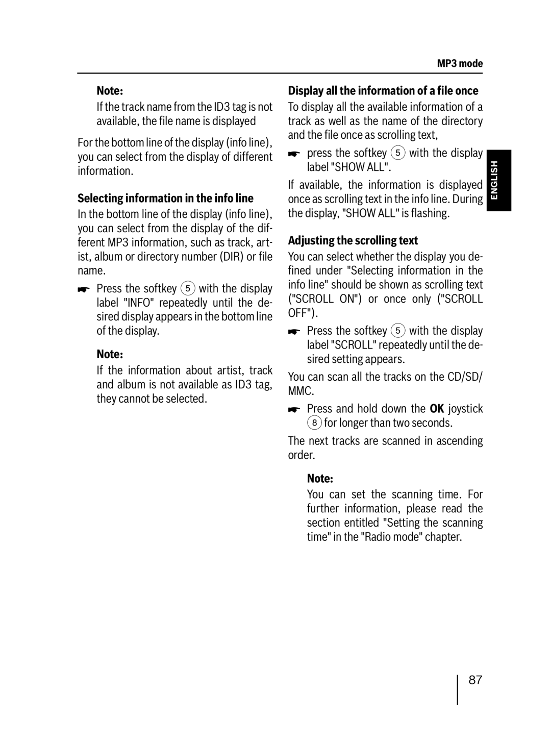 Blaupunkt MP76 operating instructions Press the softkey 5 with the display label Show ALL, Adjusting the scrolling text 