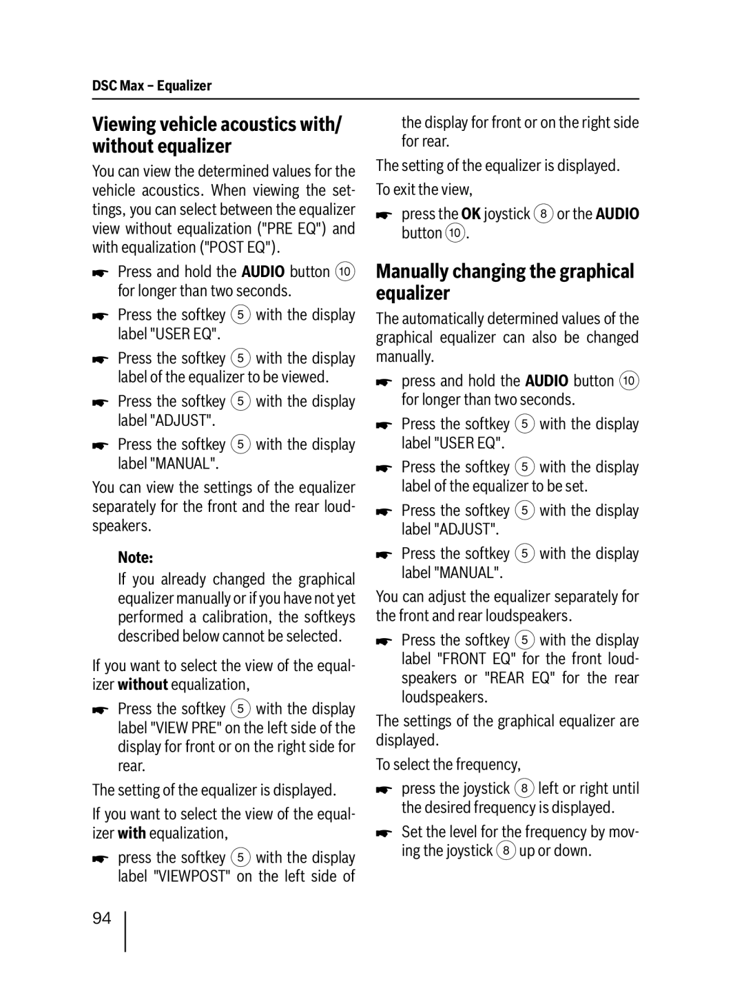 Blaupunkt MP76 Viewing vehicle acoustics with/ without equalizer, Manually changing the graphical equalizer 