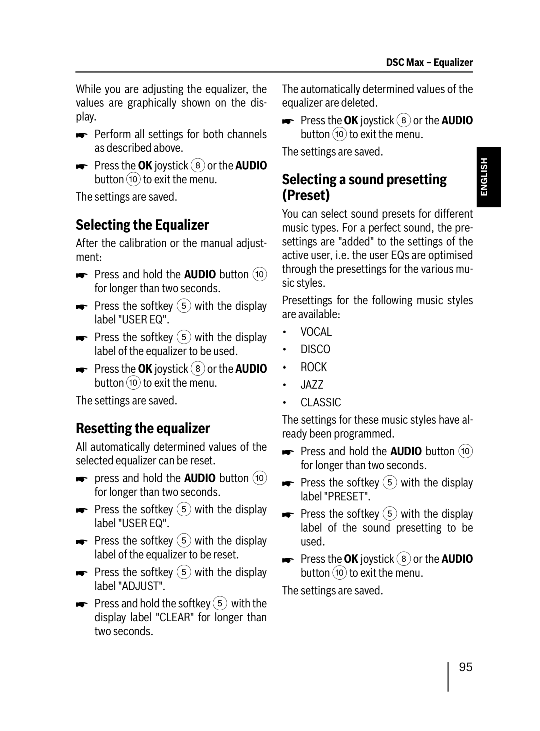 Blaupunkt MP76 operating instructions Selecting the Equalizer, Resetting the equalizer, Selecting a sound presetting Preset 