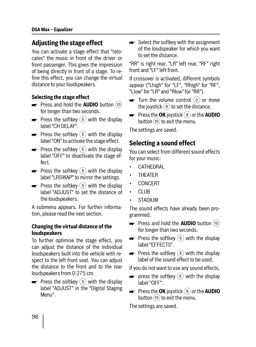 Blaupunkt MP76 operating instructions Adjusting the stage effect, Selecting a sound effect, Selecting the stage effect 