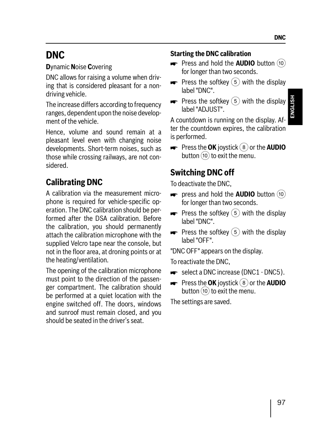 Blaupunkt MP76 operating instructions Calibrating DNC, Switching DNC off, Starting the DNC calibration 