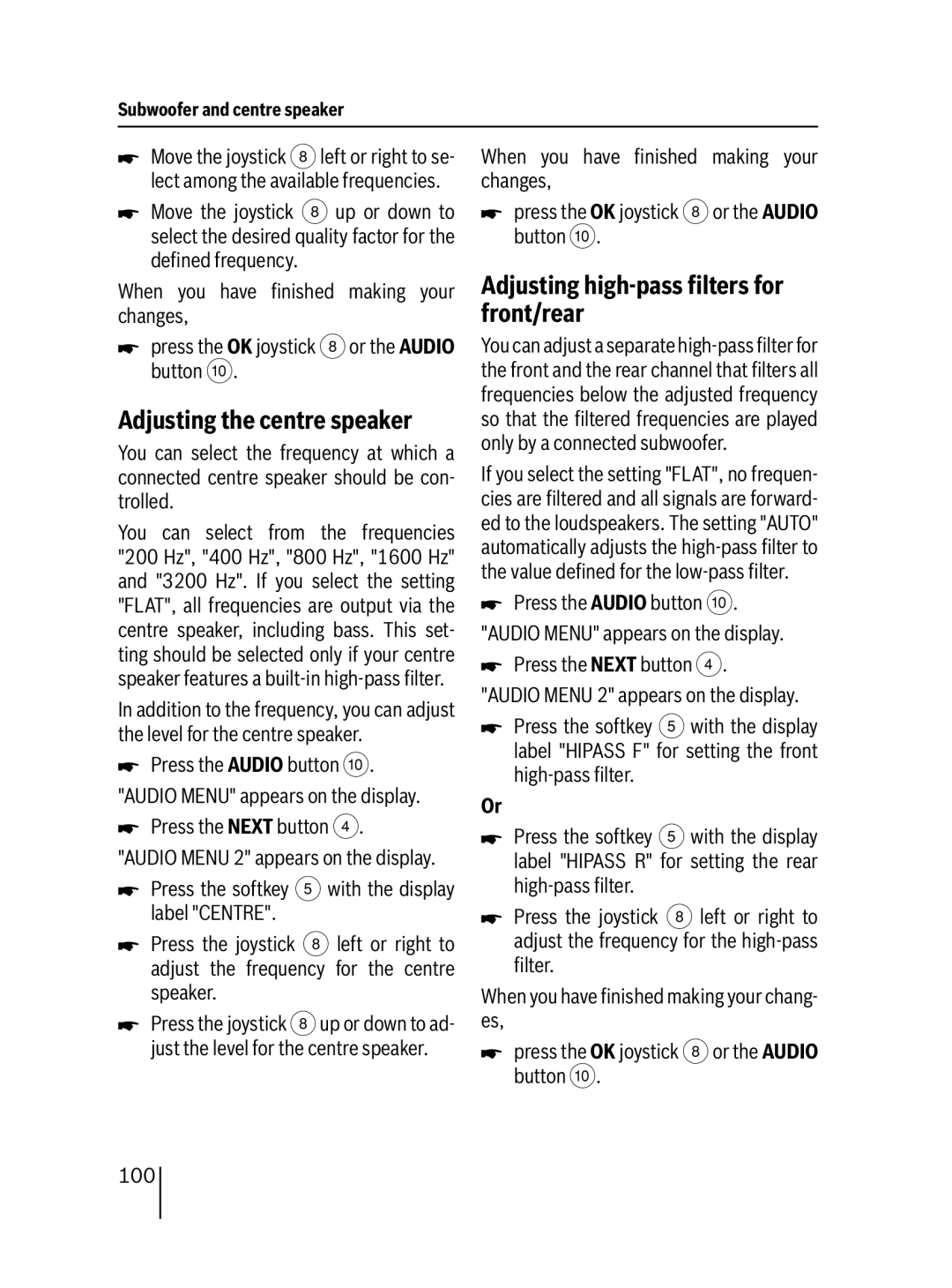 Blaupunkt MP76 operating instructions Adjusting the centre speaker, Adjusting high-pass ﬁlters for front/rear 