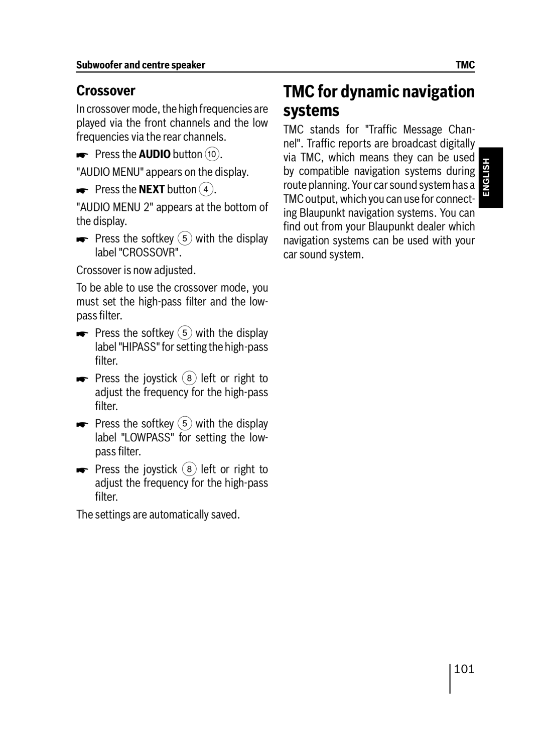 Blaupunkt MP76 operating instructions TMC for dynamic navigation systems, Crossover, 101 