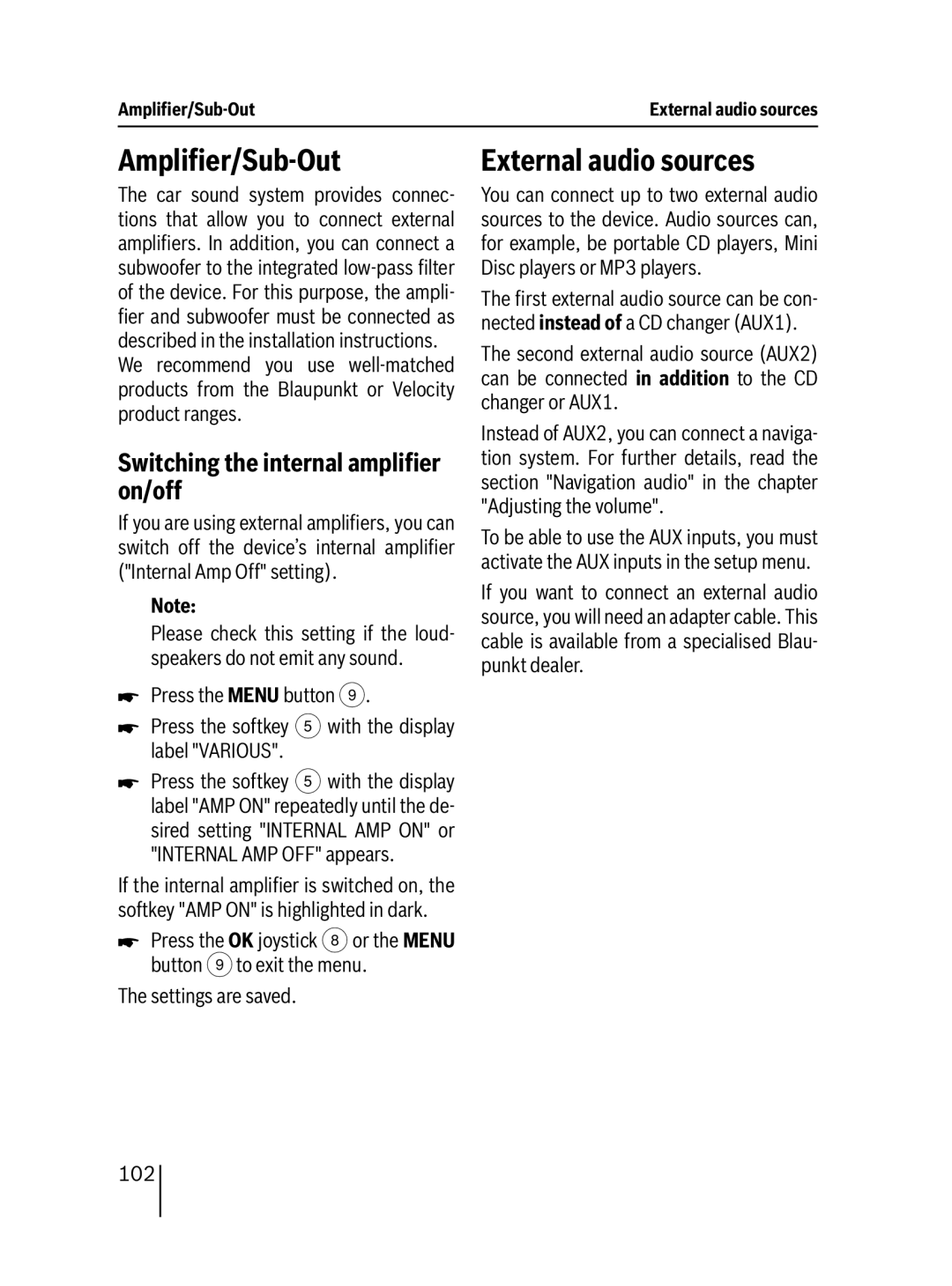 Blaupunkt MP76 operating instructions Ampliﬁer/Sub-Out, External audio sources, Switching the internal ampliﬁer on/off, 102 