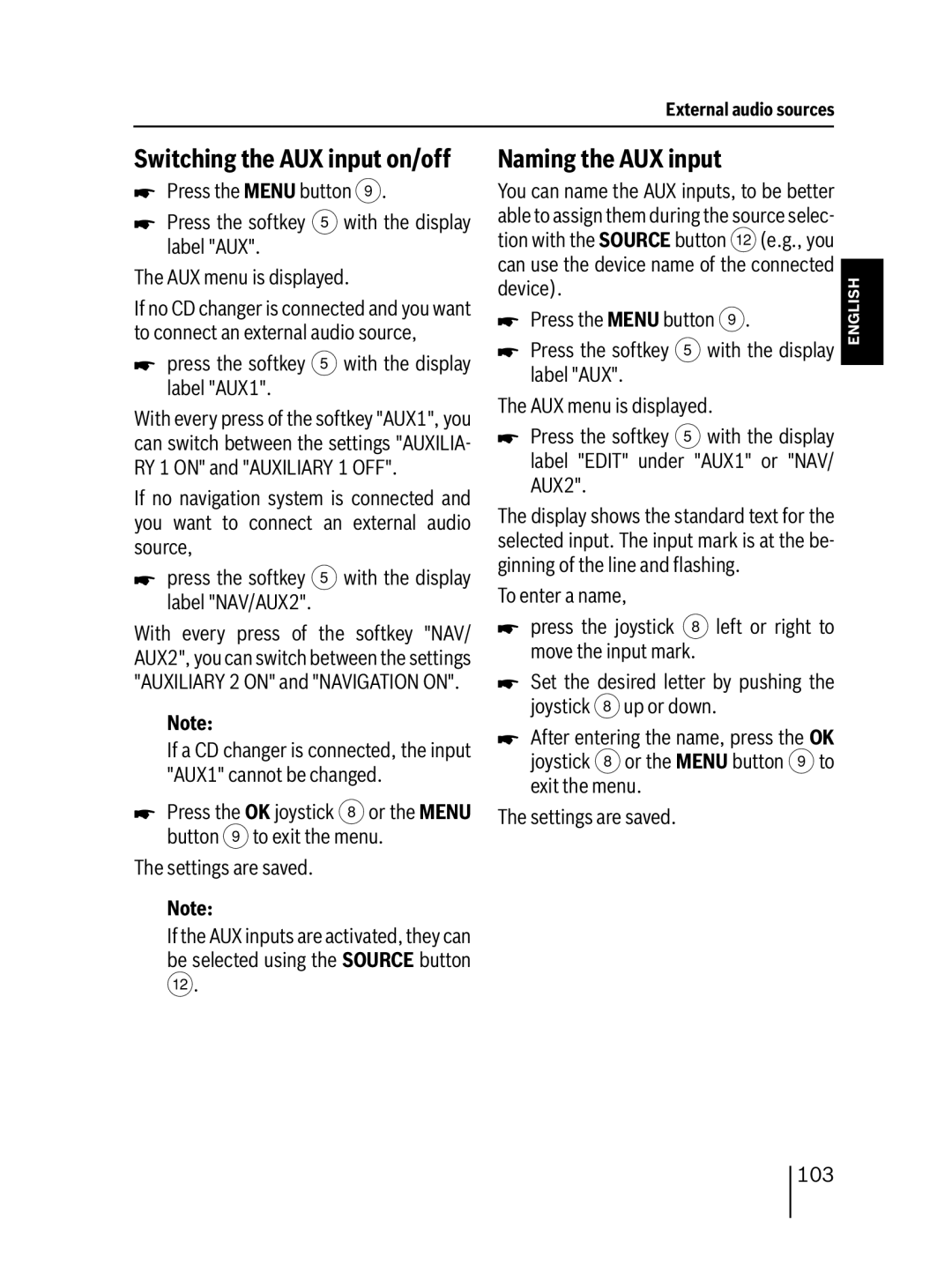 Blaupunkt MP76 Naming the AUX input, Switching the AUX input on/off, Press the softkey 5 with the display label AUX1, 103 