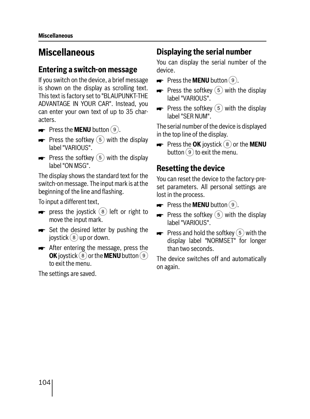 Blaupunkt MP76 Miscellaneous, Displaying the serial number, Resetting the device, Entering a switch-on message 