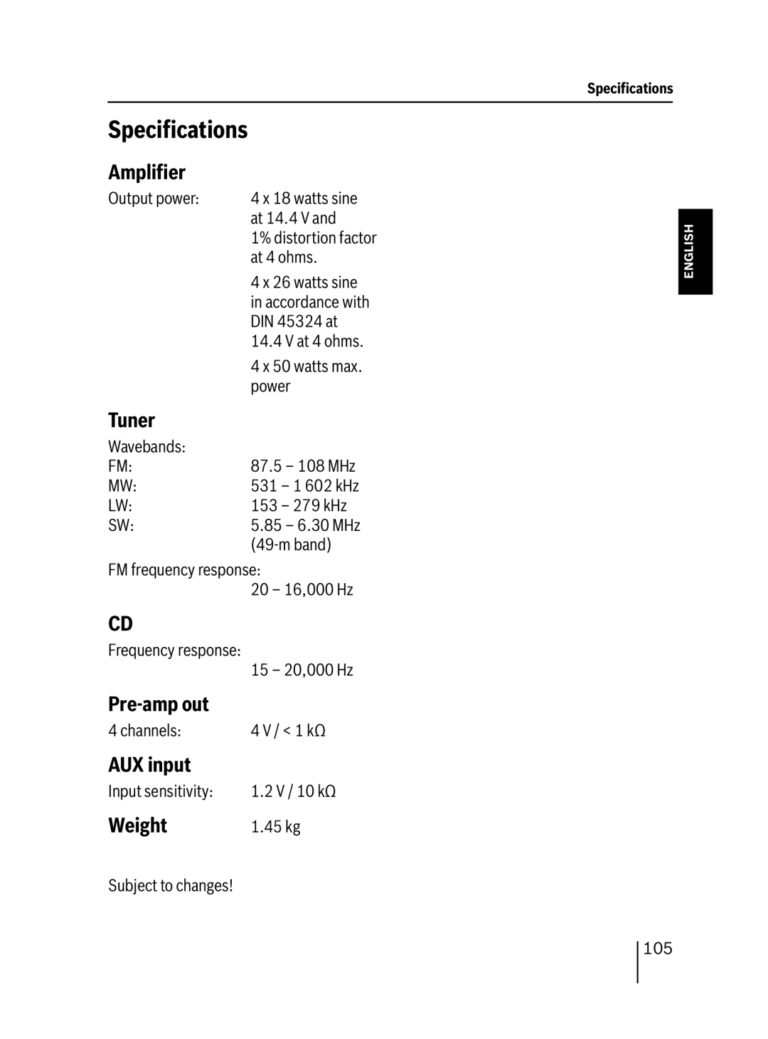 Blaupunkt MP76 operating instructions Speciﬁcations 