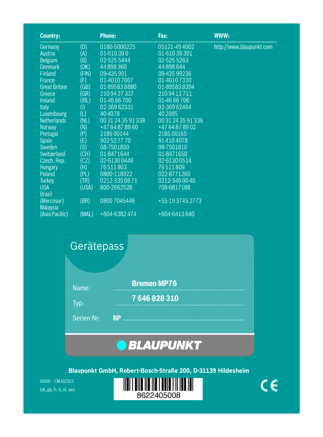 Blaupunkt MP76 operating instructions Gerätepass 