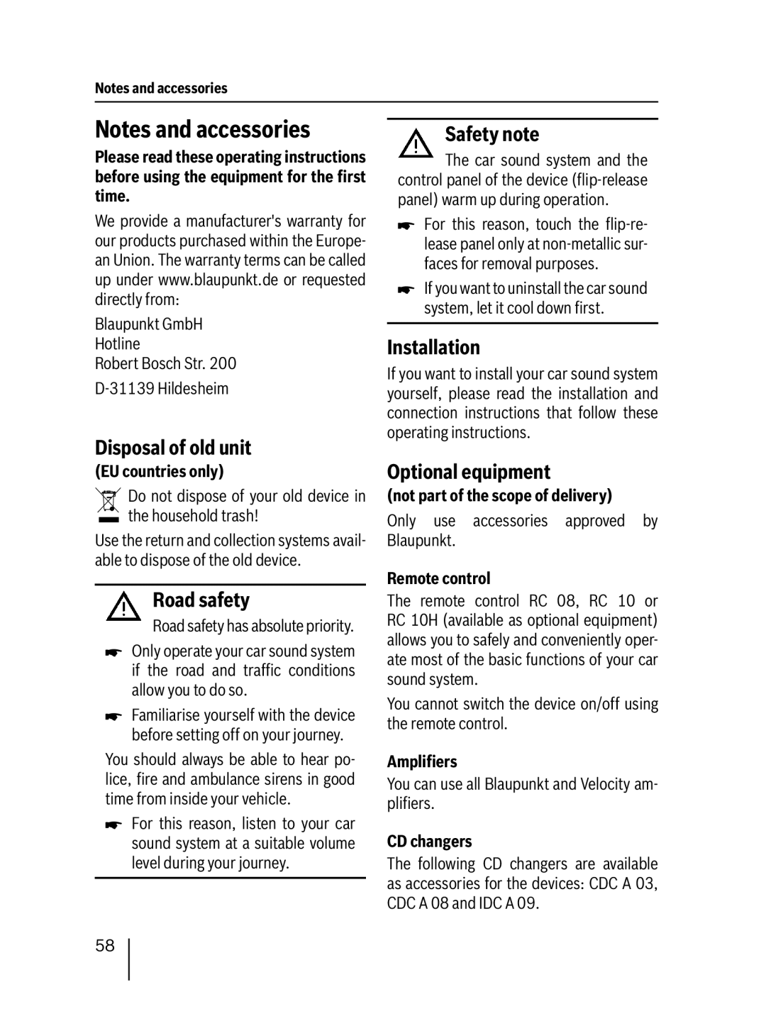 Blaupunkt MP76 operating instructions Disposal of old unit, Road safety, Safety note, Installation, Optional equipment 