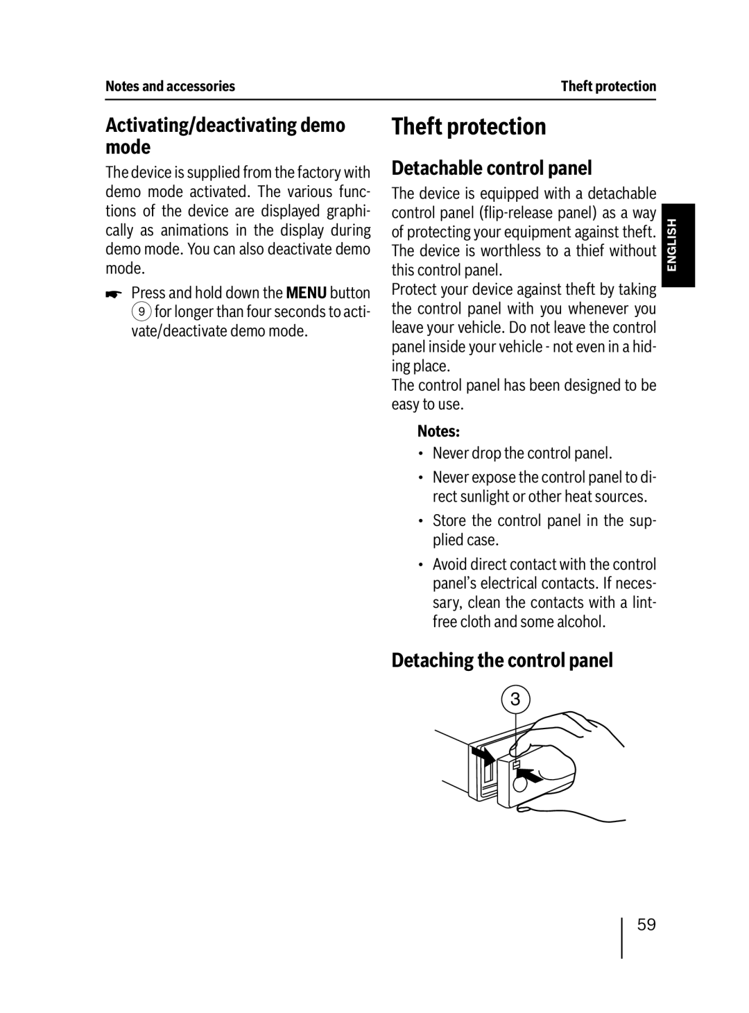 Blaupunkt MP76 Theft protection, Activating/deactivating demo mode, Detachable control panel, Detaching the control panel 