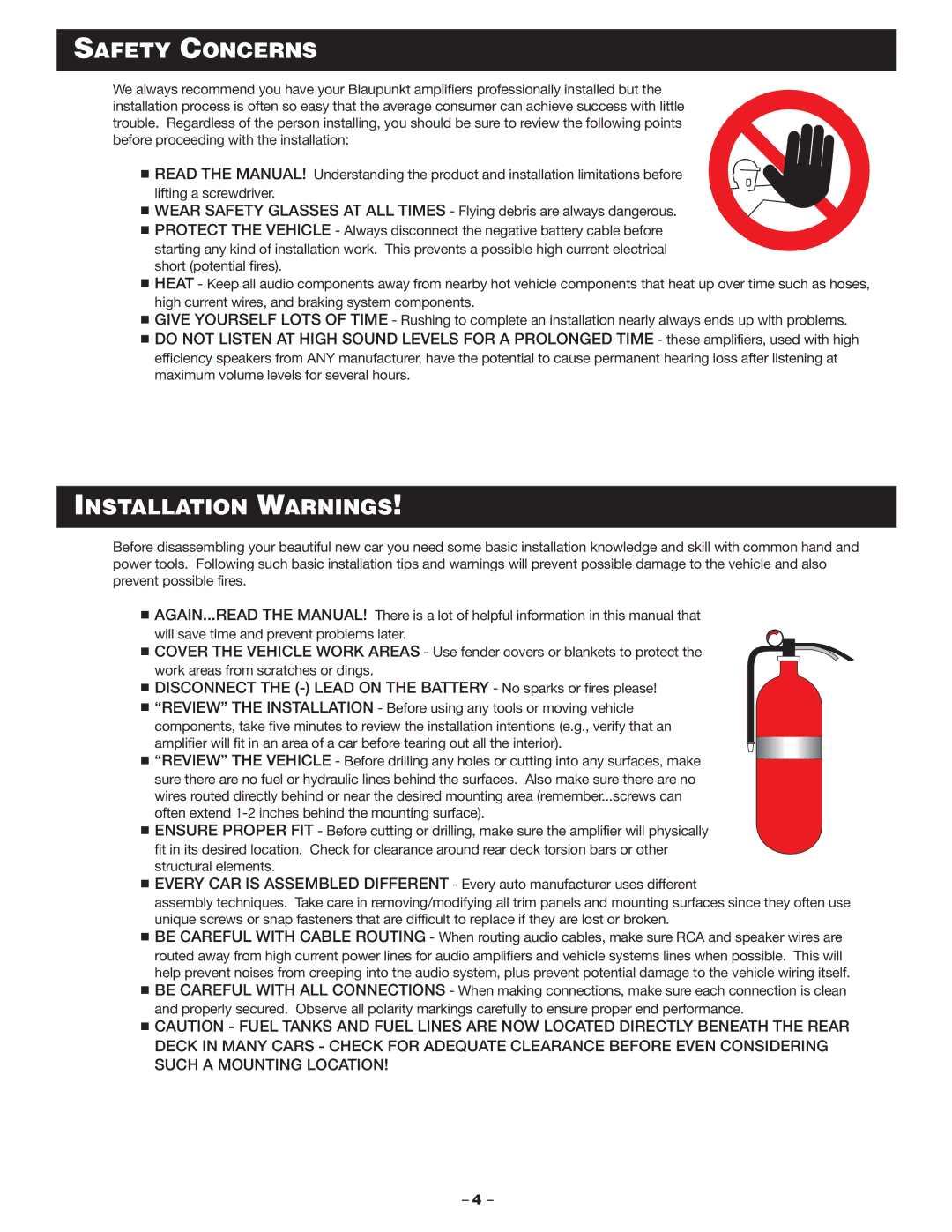 Blaupunkt MPA 400US manual Safety Concerns, Installation Warnings 