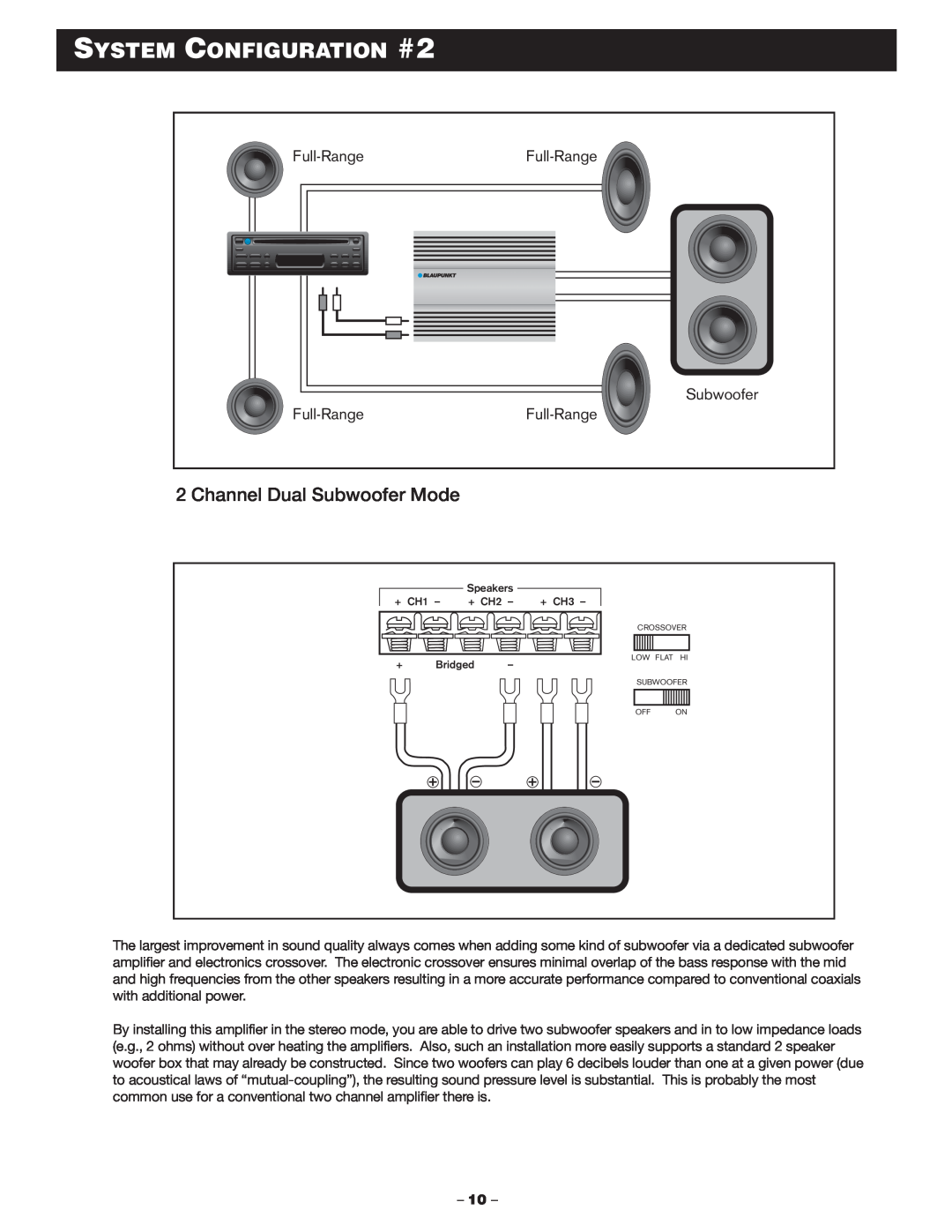 Blaupunkt MPA 400US manual SYSTEM CONFIGURATION #2, Channel Dual Subwoofer Mode 