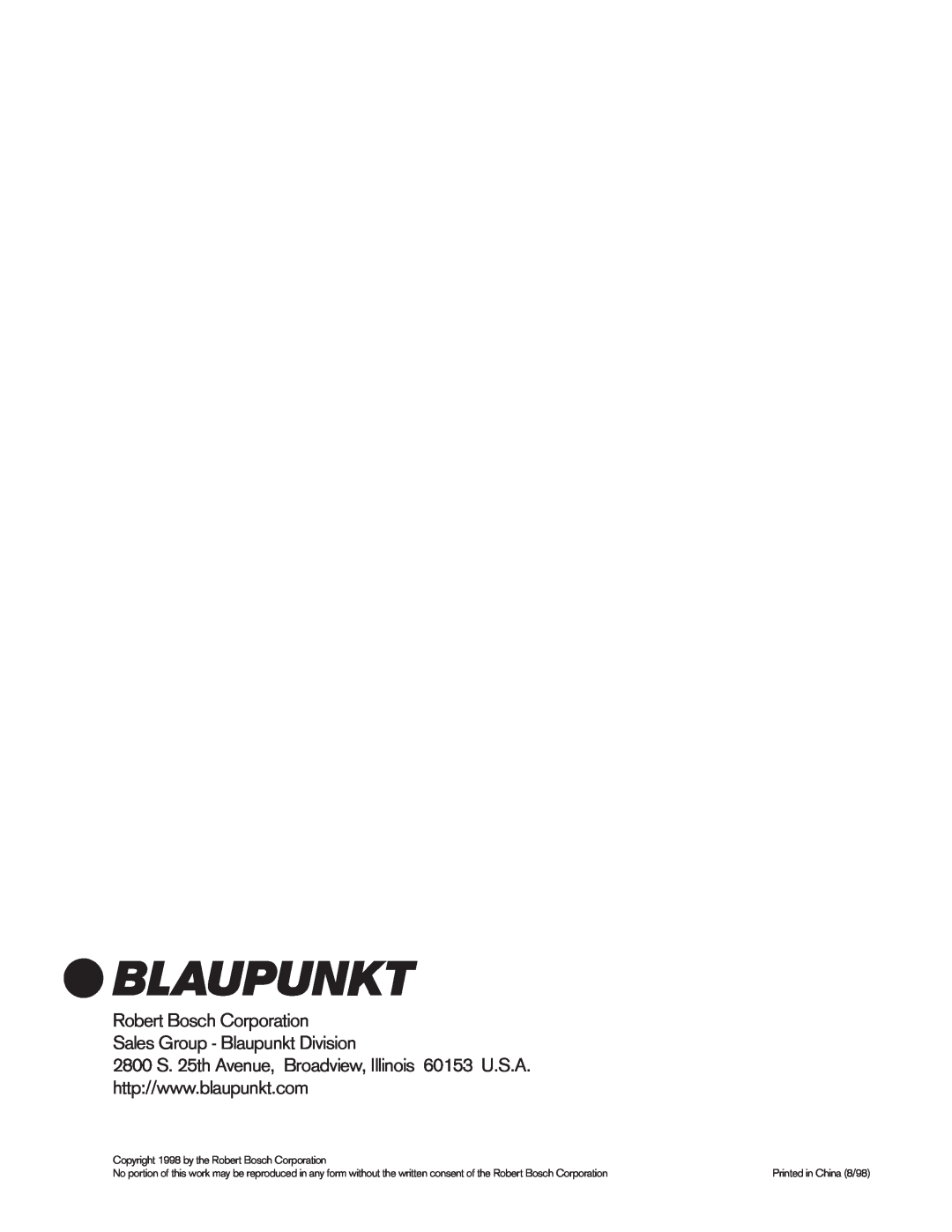 Blaupunkt MPA 400US manual Robert Bosch Corporation, Sales Group - Blaupunkt Division 