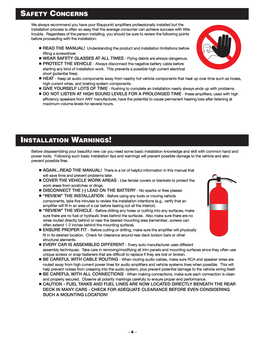 Blaupunkt MPA 400US manual Safety Concerns, Installation Warnings 