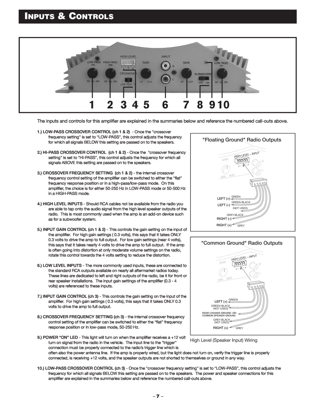 Blaupunkt MPA 400US manual Inputs & Controls, Floating Ground Radio Outputs, Common Ground Radio Outputs 