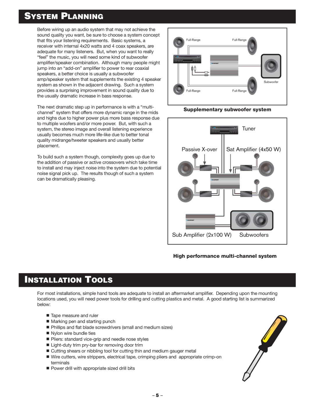 Blaupunkt MPA160us manual System Planning, Installation Tools, Supplementary subwoofer system 