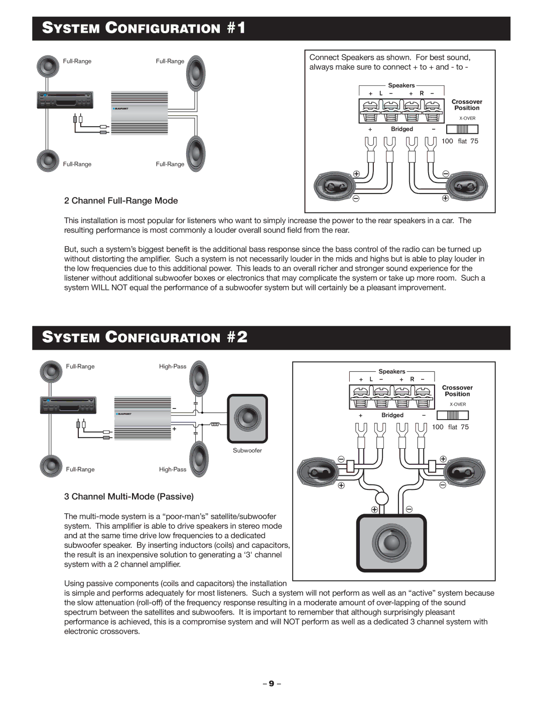 Blaupunkt MPA160us System Configuration #1, System Configuration #2, Channel Full-Range Mode, Channel Multi-Mode Passive 