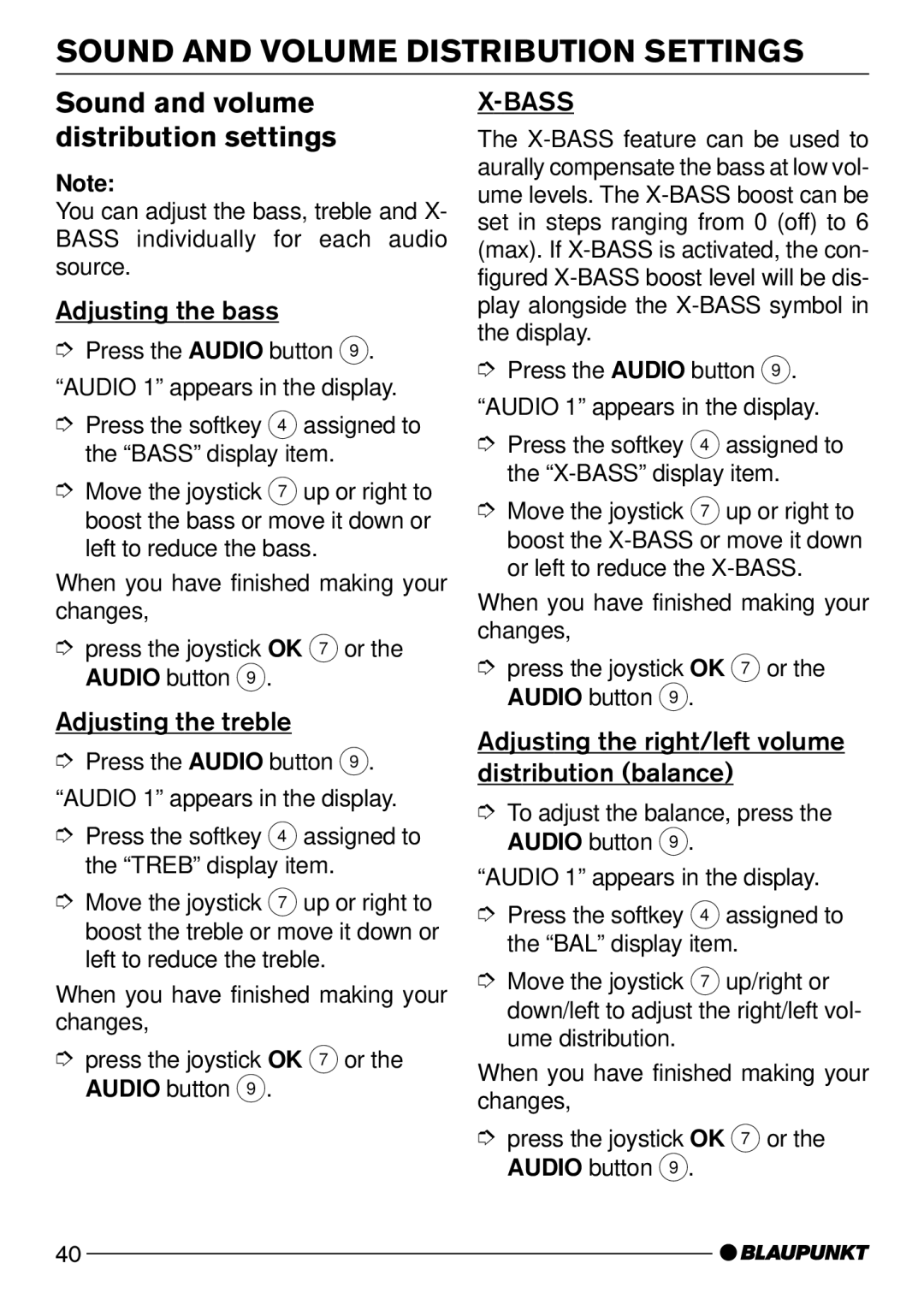 Blaupunkt Arizona DJ73 Sound and Volume Distribution Settings, Sound and volume distribution settings, Adjusting the bass 