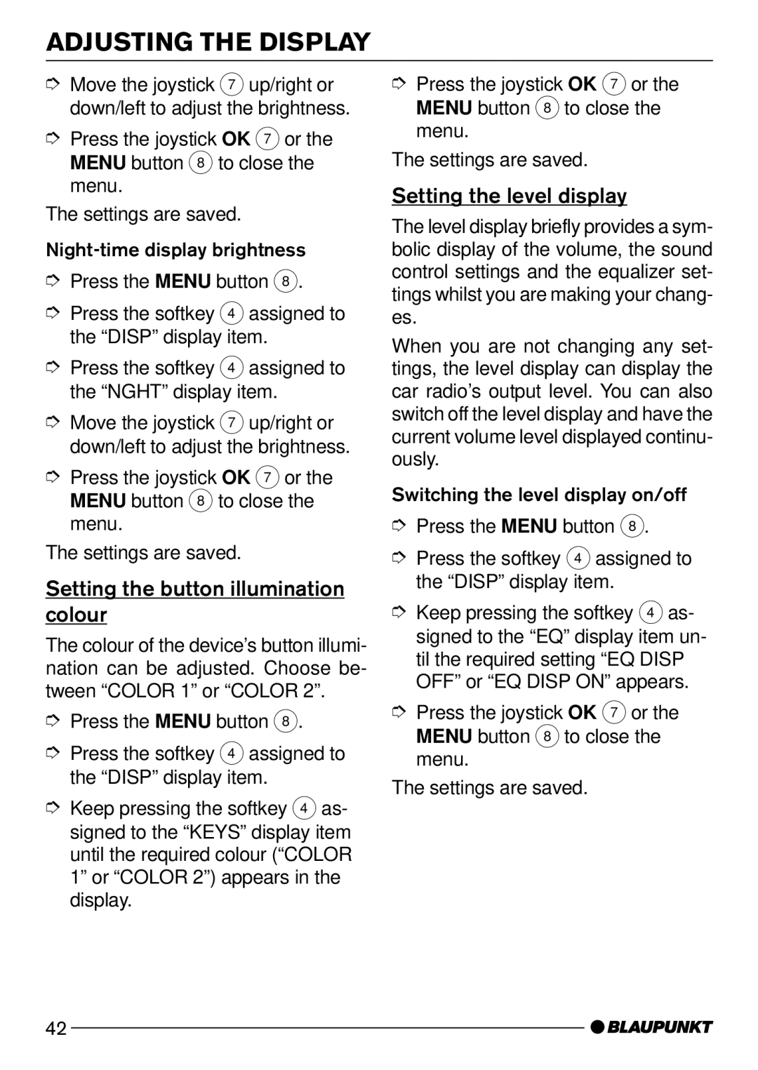 Blaupunkt Madrid C72, Nevada DJ72 Adjusting the Display, Setting the button illumination colour, Setting the level display 