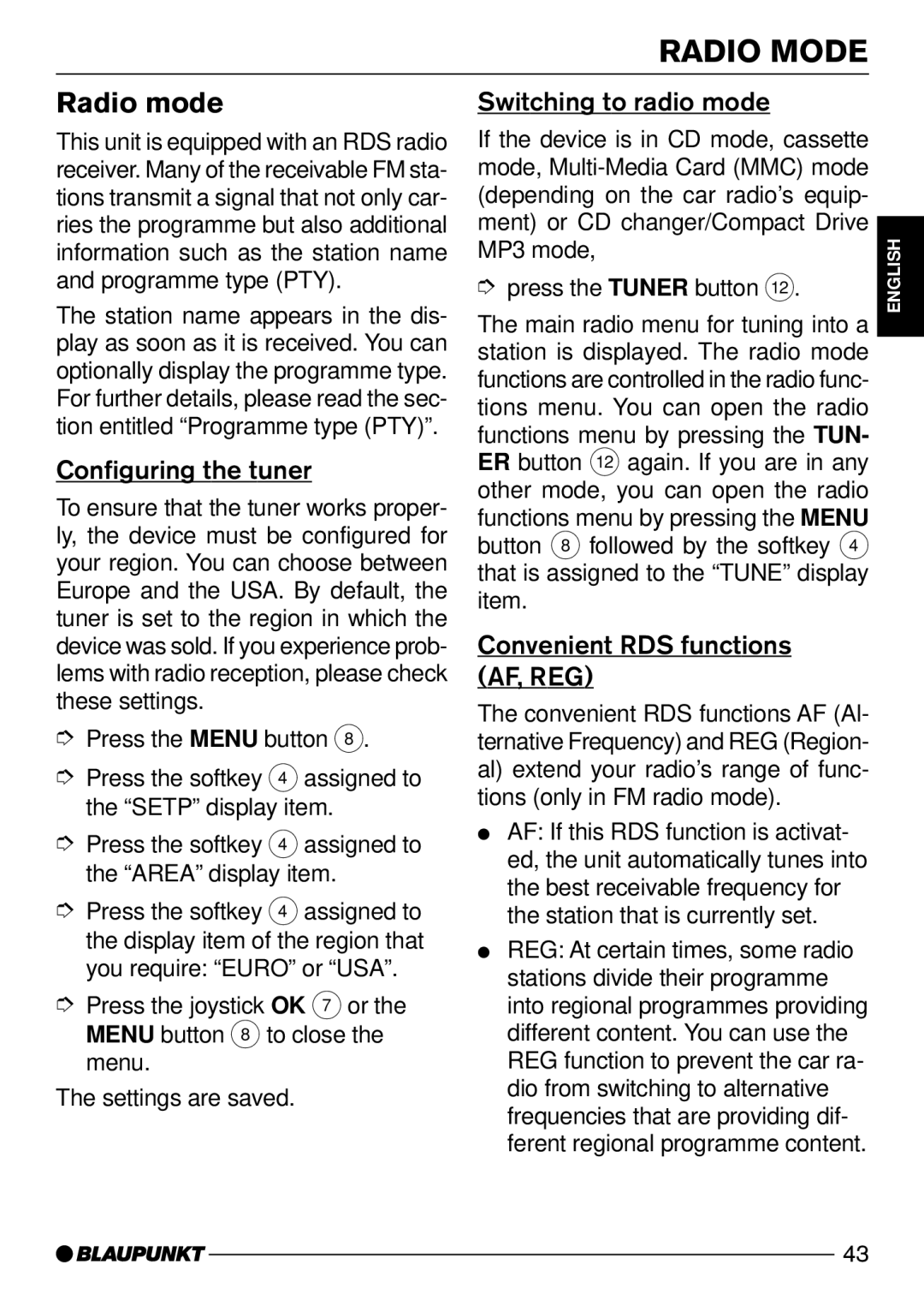 Blaupunkt Arizona DJ73 Radio Mode, Radio mode, Configuring the tuner, Switching to radio mode, Convenient RDS functions 