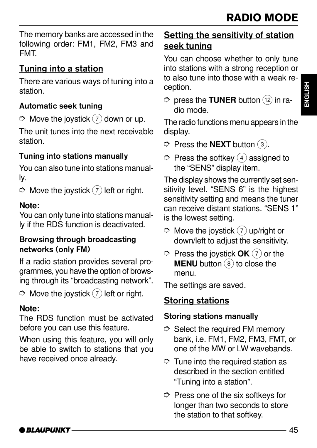 Blaupunkt Madrid C72, Nevada DJ72 Tuning into a station, Setting the sensitivity of station, Seek tuning, Storing stations 