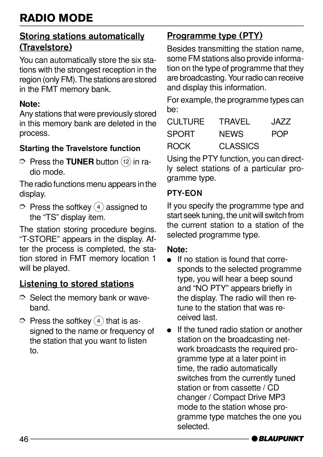 Blaupunkt Arizona DJ73 Storing stations automatically Travelstore, Listening to stored stations, Programme type PTY 