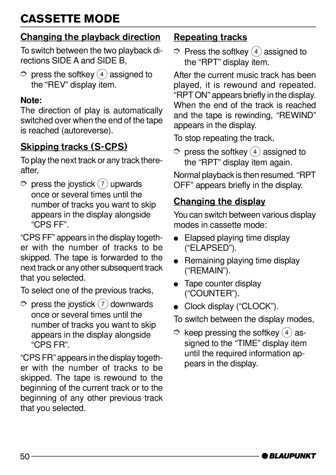 Blaupunkt Nevada DJ72 Changing the playback direction, Skipping tracks S-CPS, Repeating tracks, Changing the display 