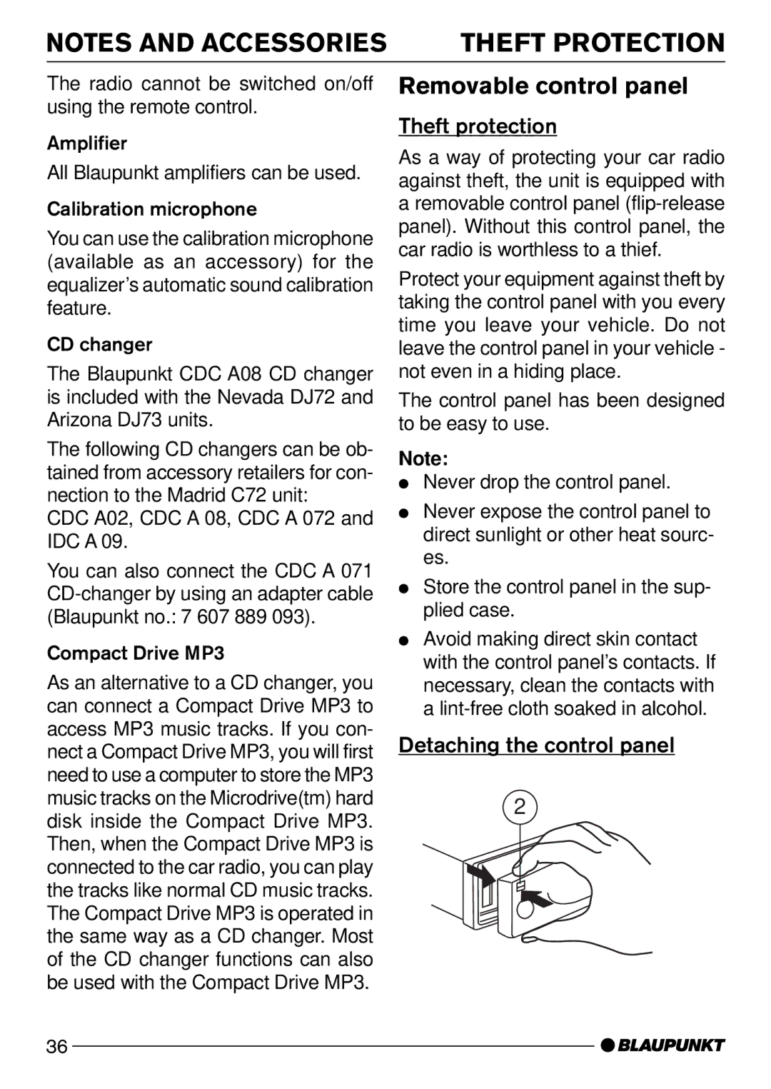Blaupunkt Madrid C72 Removable control panel, Theft protection, Detaching the control panel, Compact Drive MP3 