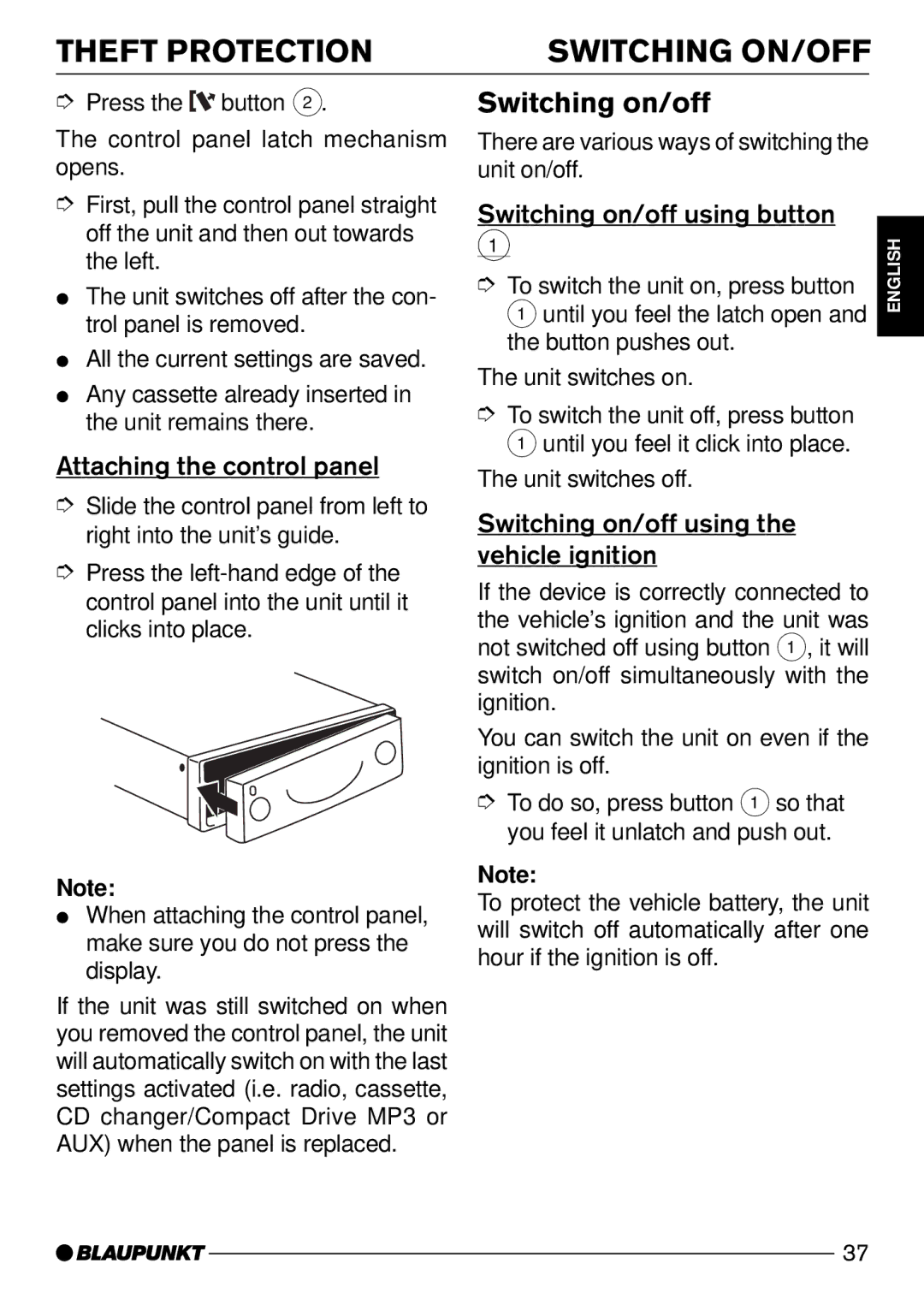 Blaupunkt Arizona DJ73, Nevada DJ72 Theft Protection Switching ON/OFF, Switching on/off, Attaching the control panel 