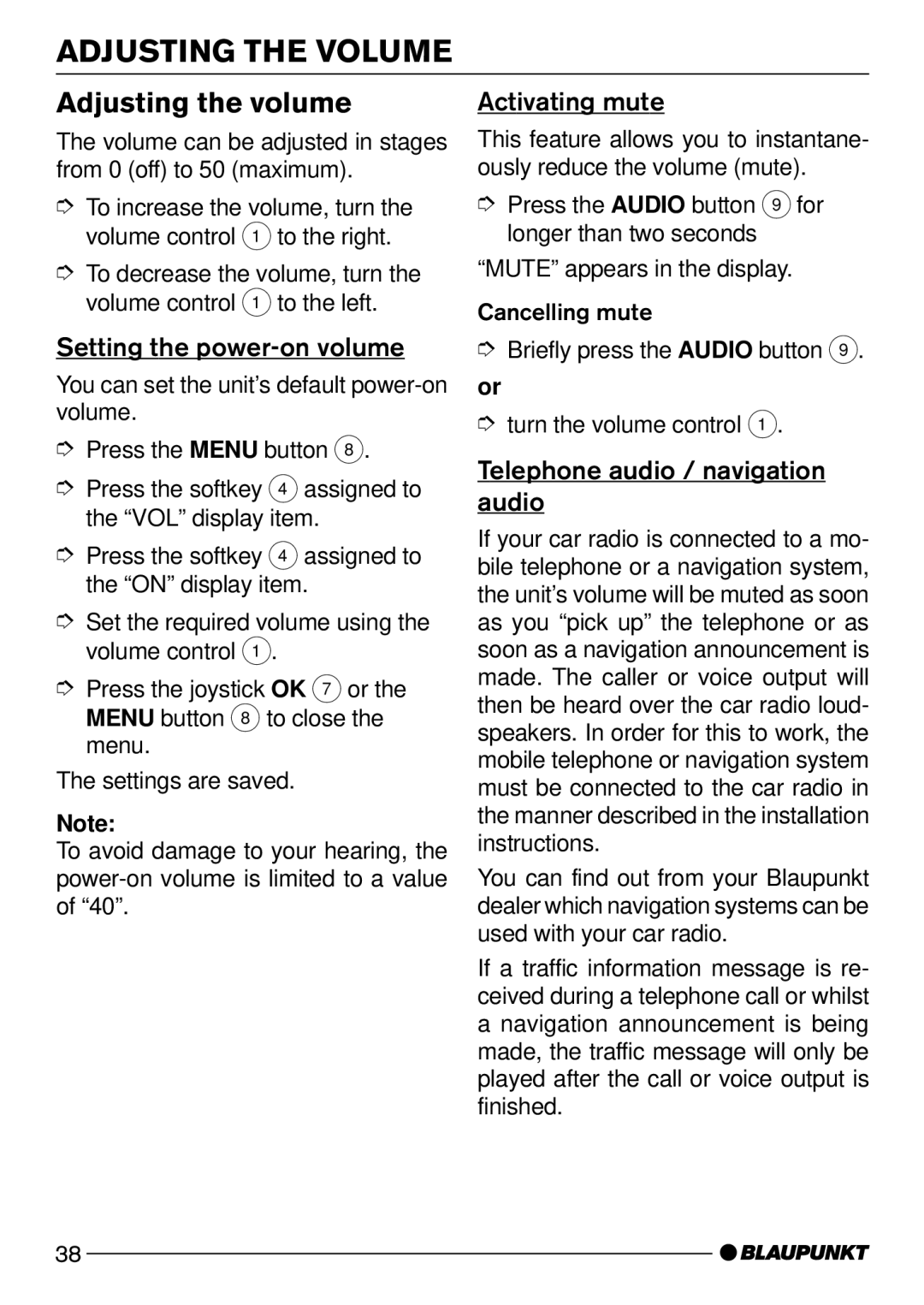 Blaupunkt Nevada DJ72, Madrid C72 Adjusting the Volume, Adjusting the volume, Setting the power-on volume, Activating mute 