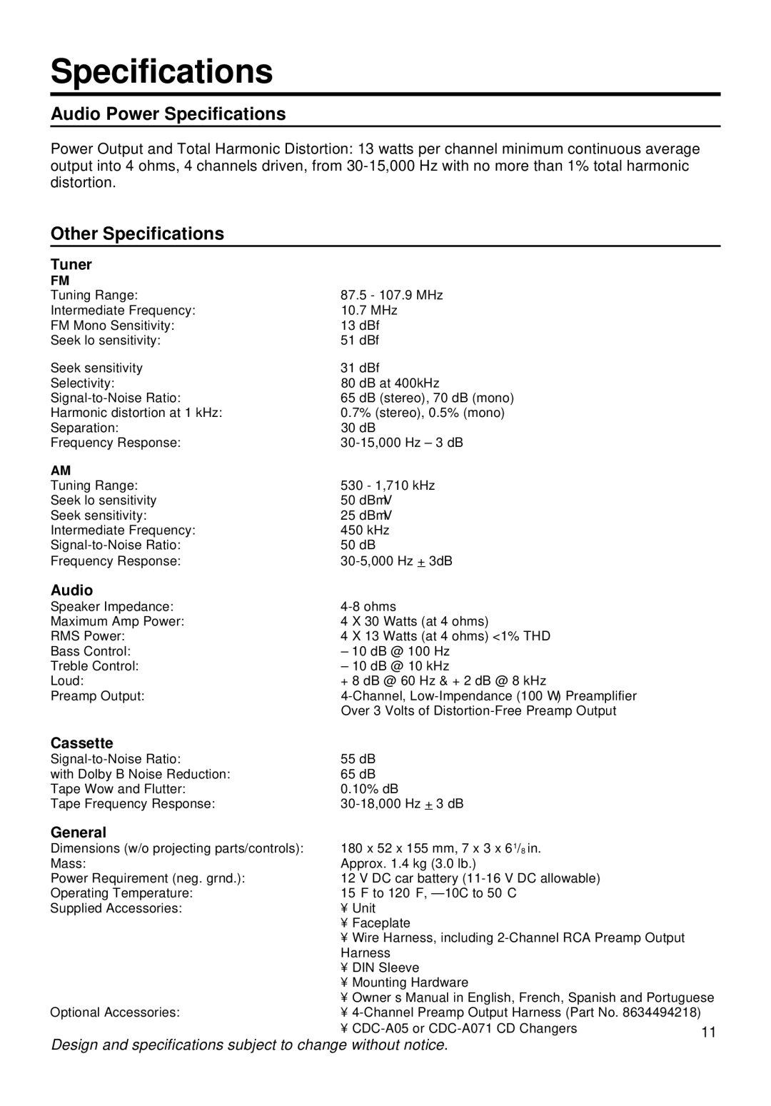 Blaupunkt ORLANDO CM127 manual Audio Power Specifications, Other Specifications 