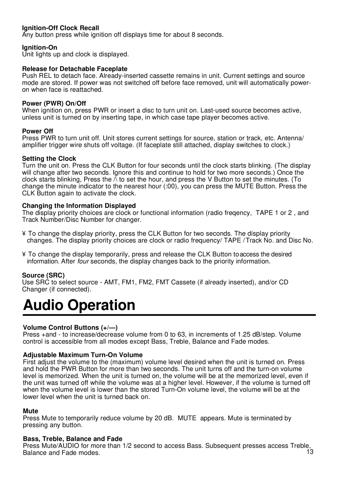 Blaupunkt ORLANDO CM127 manual Audio Operation 