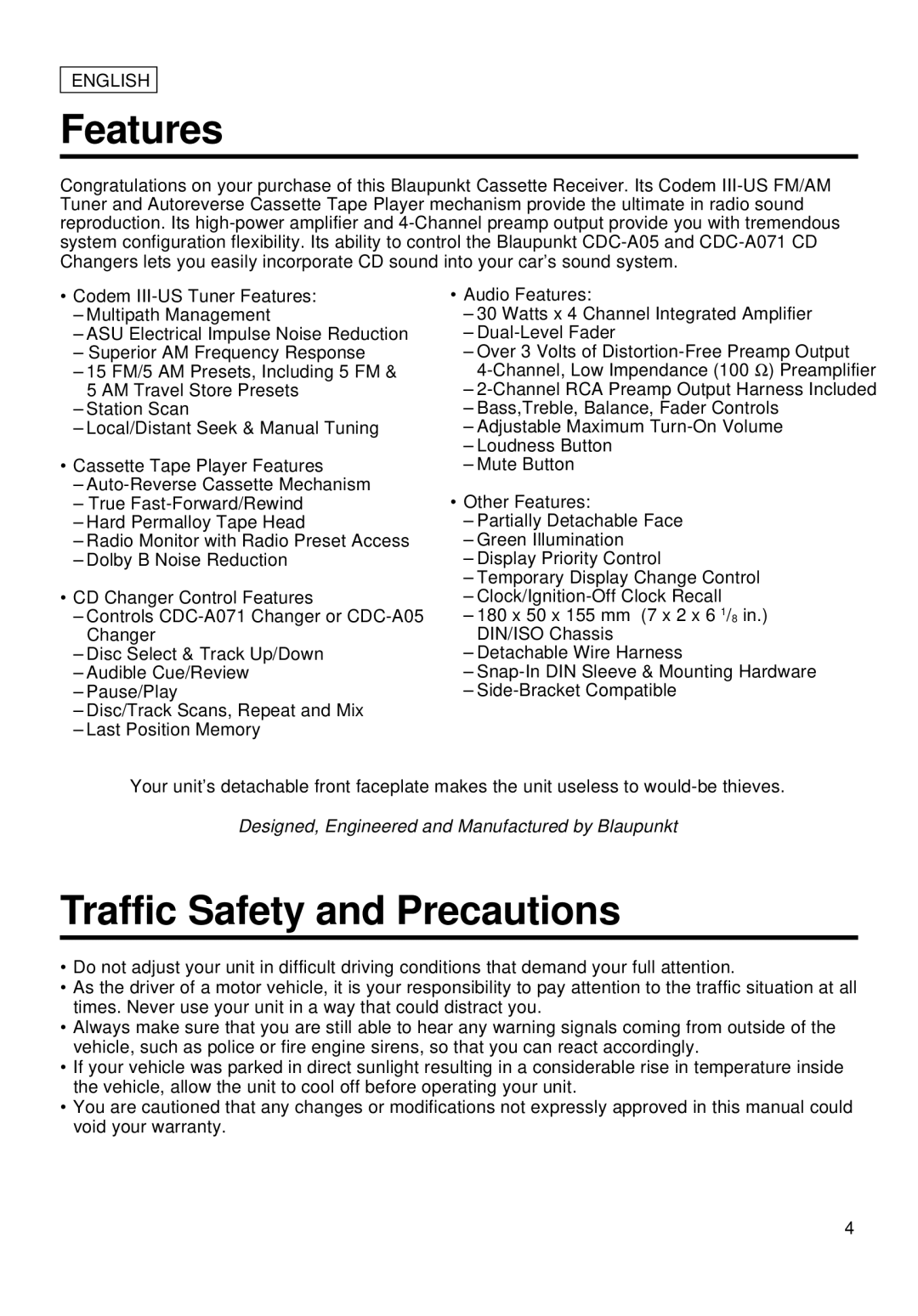 Blaupunkt ORLANDO CM127 manual Features, Traffic Safety and Precautions 