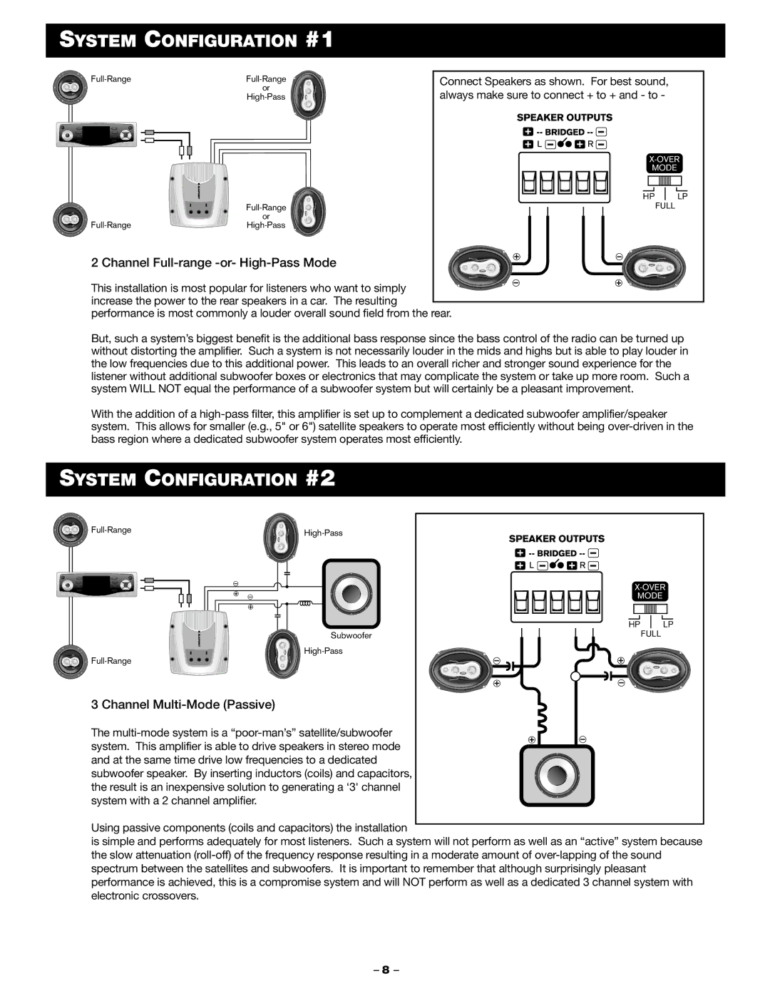 Blaupunkt PA2100 manual System Configuration #1, System Configuration #2, Channel Full-range -or- High-Pass Mode 