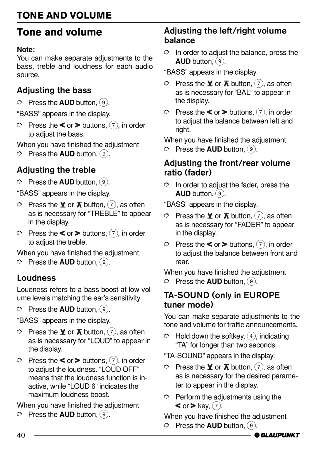 Blaupunkt Pasadena CD71 installation instructions Tone and volume, Tone and Volume 