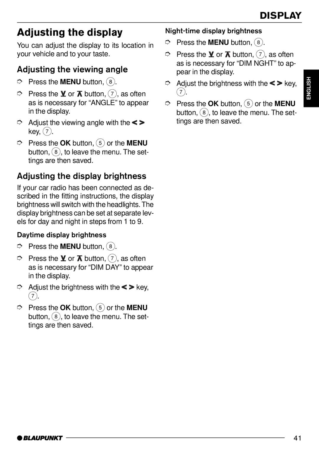 Blaupunkt Pasadena CD71 Display, Adjusting the viewing angle, Adjusting the display brightness 