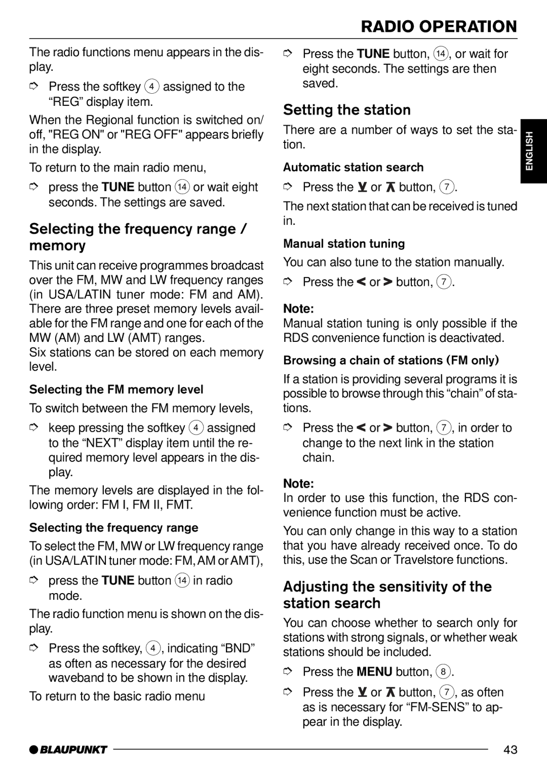 Blaupunkt Pasadena CD71 installation instructions Selecting the frequency range / memory, Setting the station 