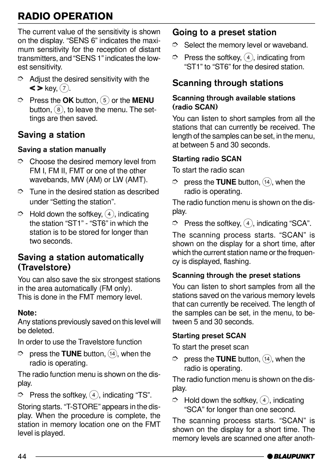 Blaupunkt Pasadena CD71 installation instructions Saving a station automatically Travelstore, Going to a preset station 