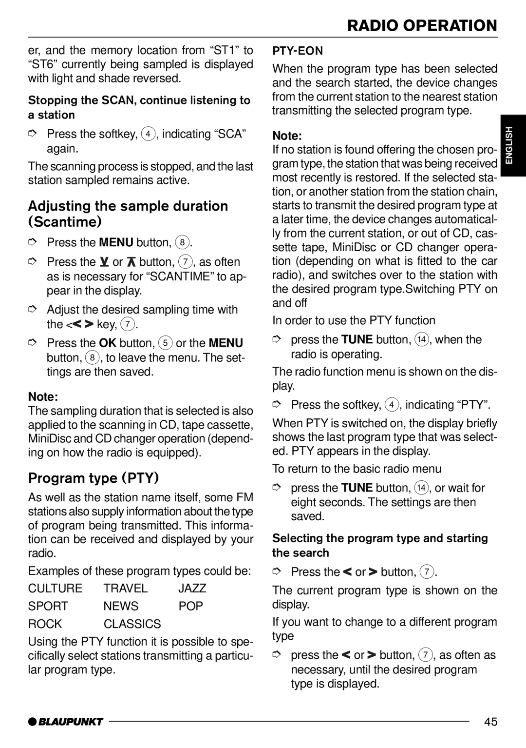 Blaupunkt Pasadena CD71 installation instructions Adjusting the sample duration Scantime, Program type PTY 