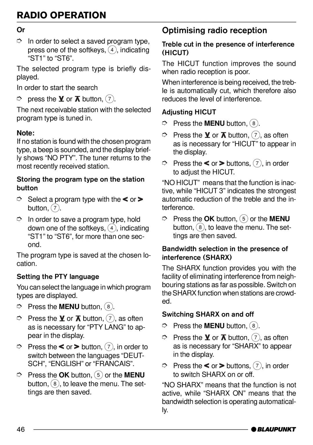 Blaupunkt Pasadena CD71 installation instructions Optimising radio reception 