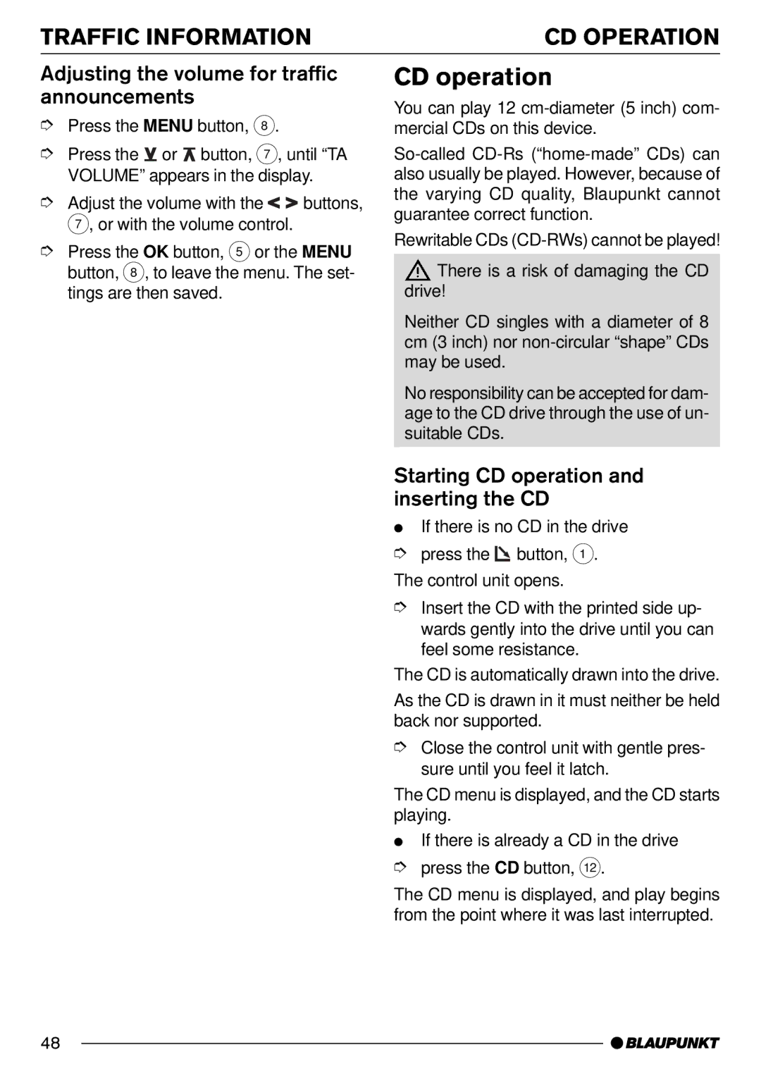 Blaupunkt Pasadena CD71 CD operation, Traffic Information, Adjusting the volume for traffic announcements 