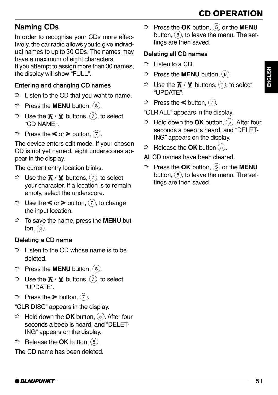 Blaupunkt Pasadena CD71 installation instructions Naming CDs 