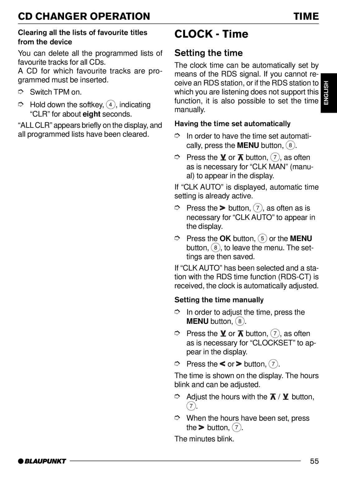 Blaupunkt Pasadena CD71 installation instructions Clock Time, CD Changer Operation Time, Setting the time 