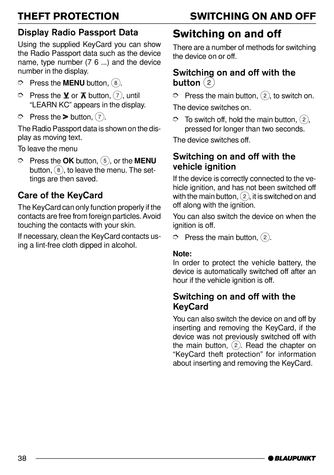 Blaupunkt Pasadena CD71 installation instructions Switching on and off, Theft Protection Switching on and OFF 
