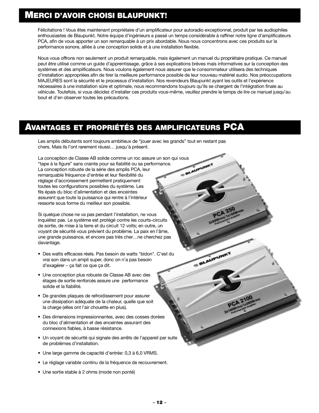 Blaupunkt PCA 2100, PCA 250 manual Merci D’AVOIR Choisi Blaupunkt, Avantages ET Propriétés DES Amplificateurs PCA 
