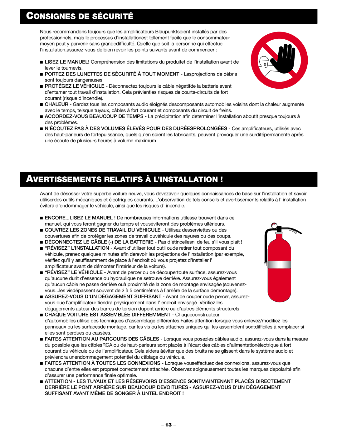 Blaupunkt PCA 250, PCA 2100 manual Consignes DE Sécurité, Avertissements Relatifs À L’INSTALLATION 