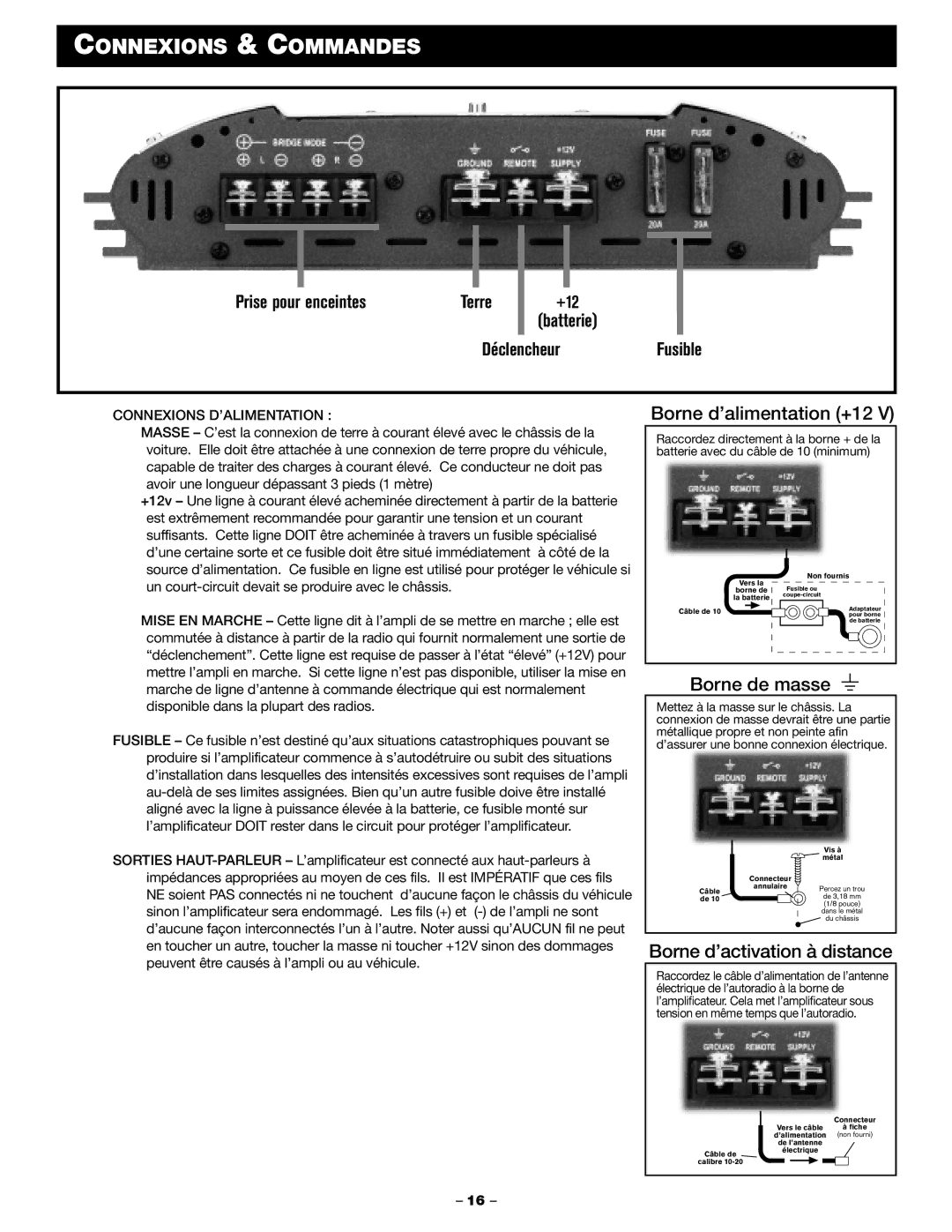 Blaupunkt PCA 2100, PCA 250 manual Connexions & Commandes, Prise pour enceintes, +12 Batterie DéclencheurFusible 