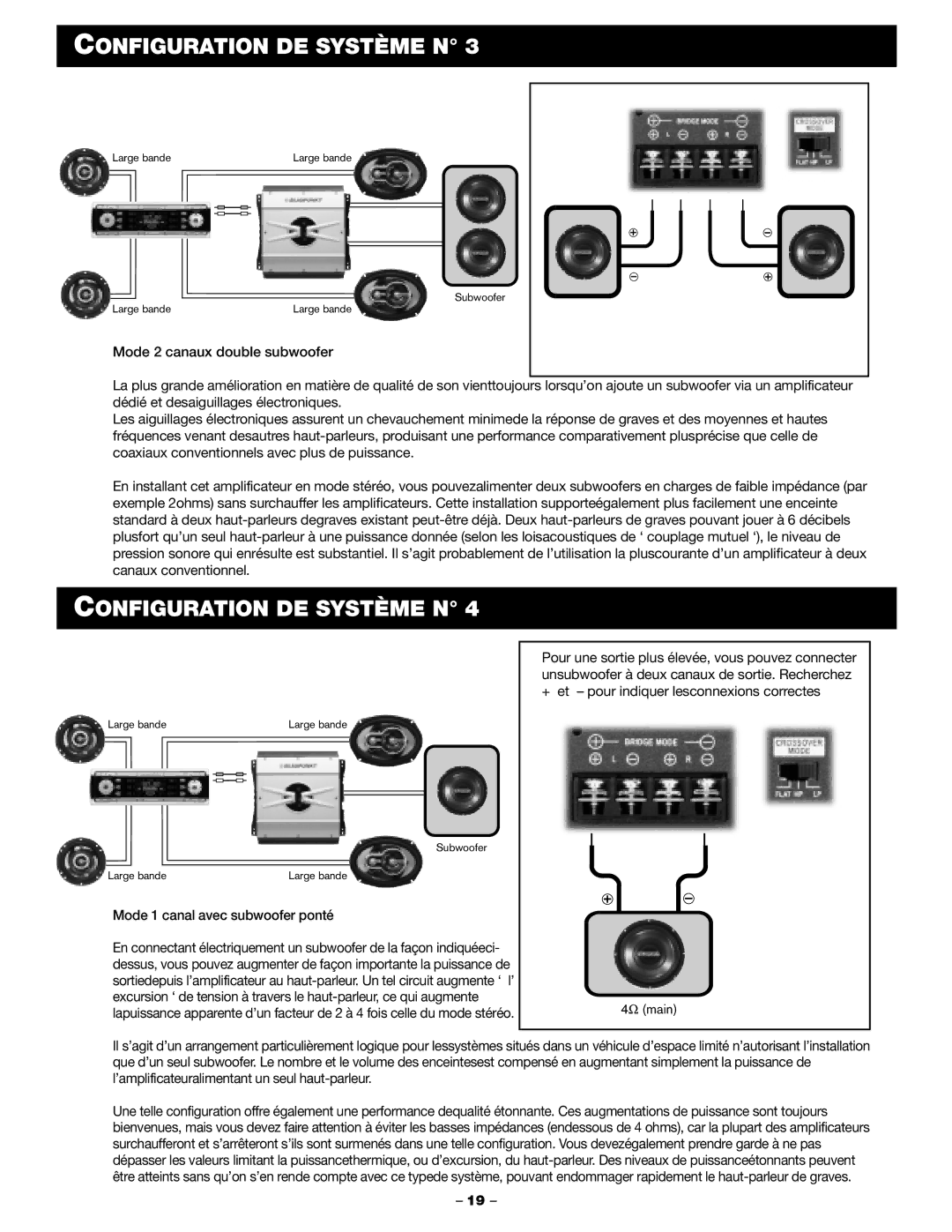 Blaupunkt PCA 250, PCA 2100 manual Mode 1 canal avec subwoofer ponté 