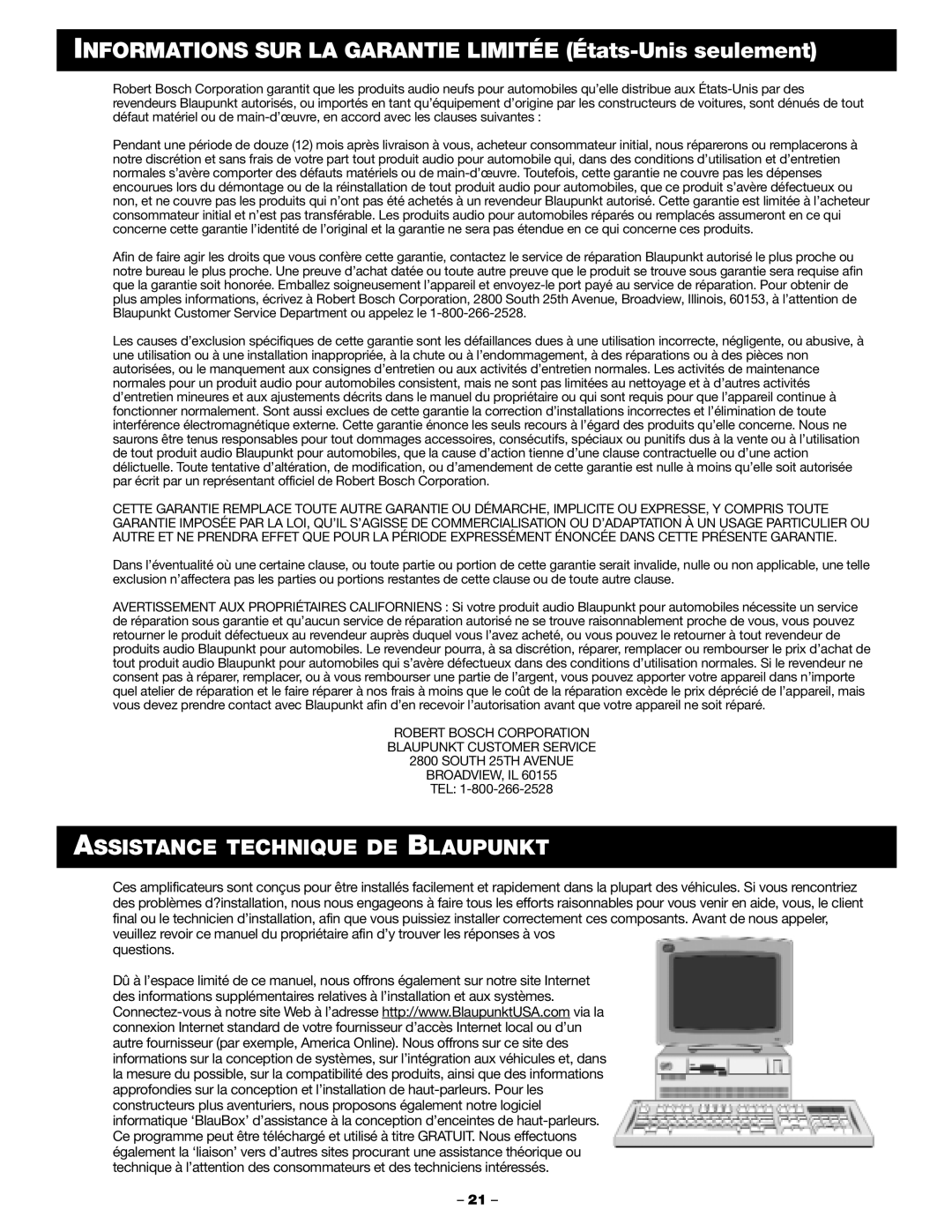 Blaupunkt PCA 250, PCA 2100 Informations SUR LA Garantie Limitée États-Unis seulement, Assistance Technique DE Blaupunkt 